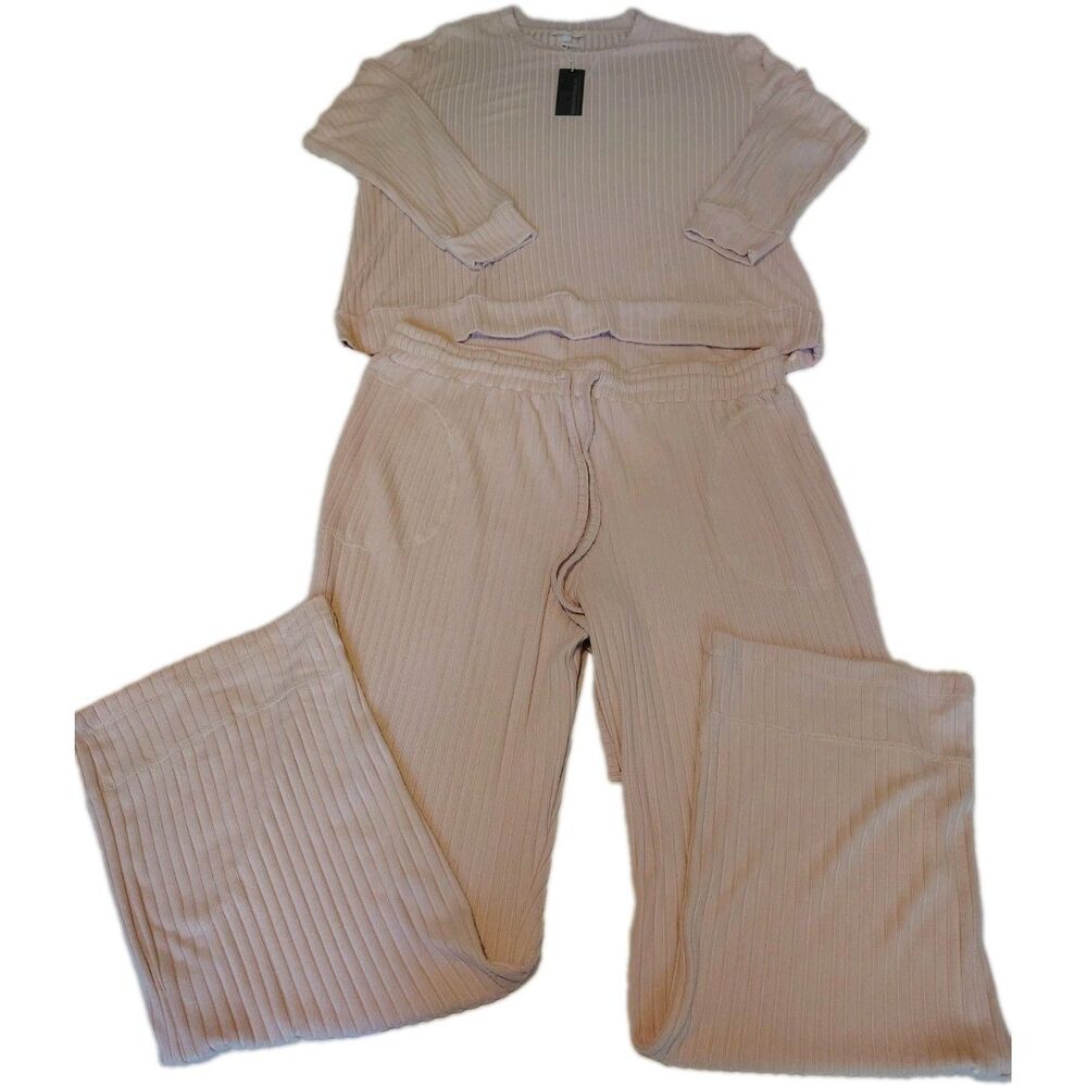 NWT Berkshire Homewear Ribbed Loungewear Set Soft Wide Leg Pants Top Blush Pink